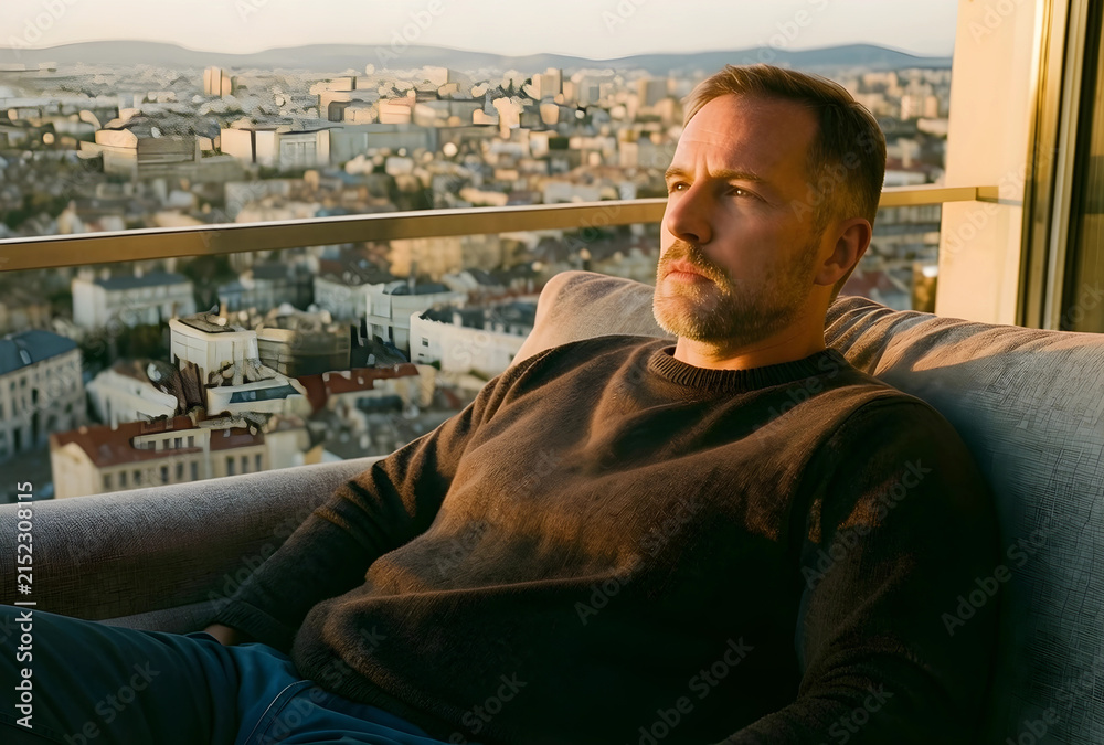 Obraz premium Thoughtful man with a beard relaxing on a sofa on a high-rise balcony overlooking a city at sunset, urban lifestyle and contemplation