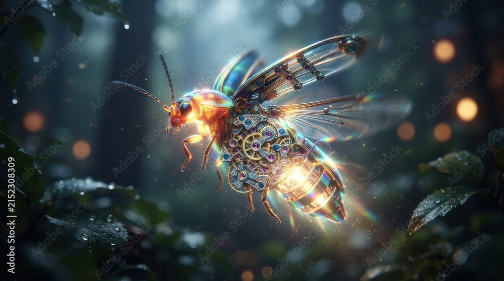 Naklejka premium Steampunk mechanical firefly flying in a dark magical forest