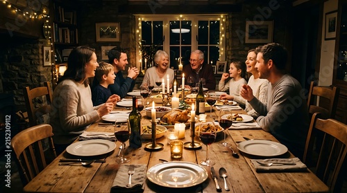 Multi-generational family gathered for a festive holiday dinner celebration at home.