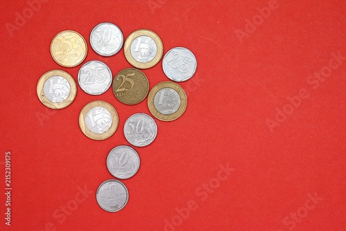 Brazilian coins arranged in the shape of Brazil map over a red background, representing Brazilian economy, inflation, and salary.