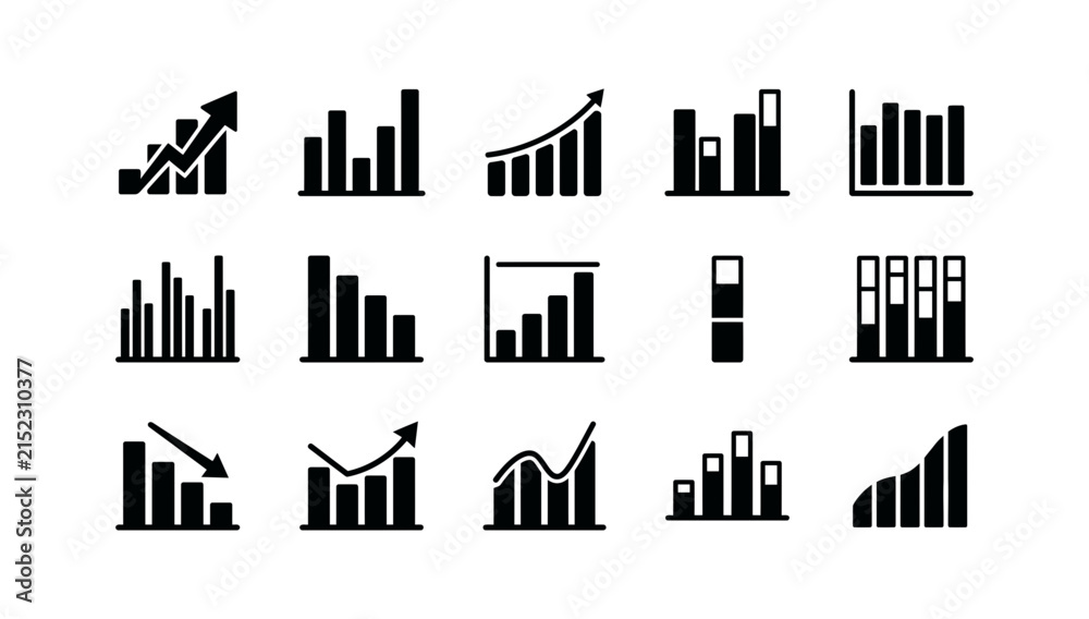 Obraz premium Set of black and white business bar chart icons for data analysis and reporting