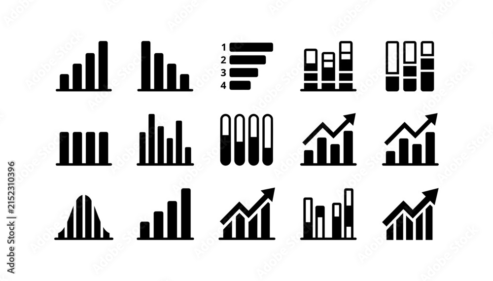 Obraz premium Set of black business chart icons for data analysis and financial report presentation