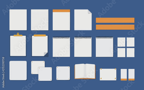 Set of Stationery Icons Including Notebooks, Notepads, Paper, Clipboard, and Writing Tools on Blue Background