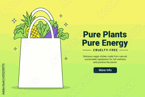 Shopping Bag Filled with Fresh Vegetables and Fruits on a Green Background with Text Pure Plants Pure Energy