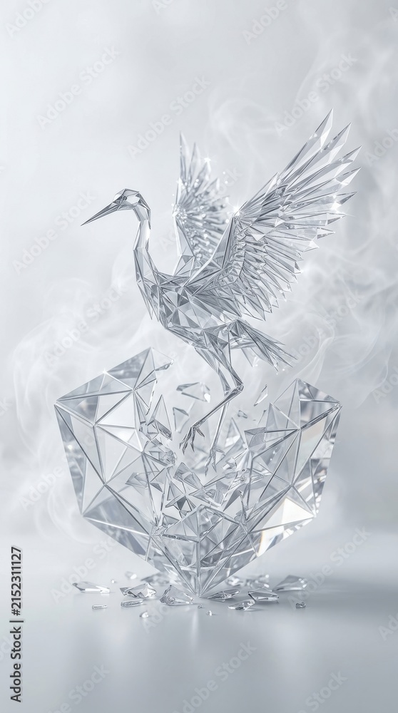 Obraz premium Crystal geometric origami crane emerging from shattered glass diamond