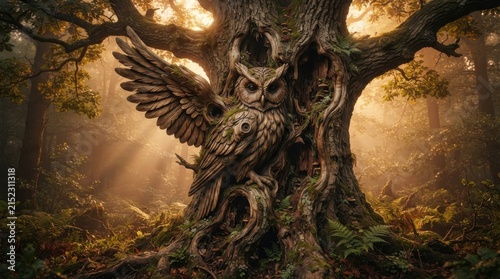 Wooden owl sculpture with spread wings integrated into an ancient tree