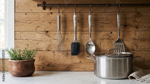 Rustic Kitchen Background with Stainless Utensils Hanging on Wood Plank Wall and Cooking Pot for Lifestyle Blog Use.