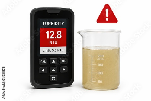 High Turbidity Water Test with Digital Meter Showing Unsafe NTU Level and Contaminated Sample Warning
