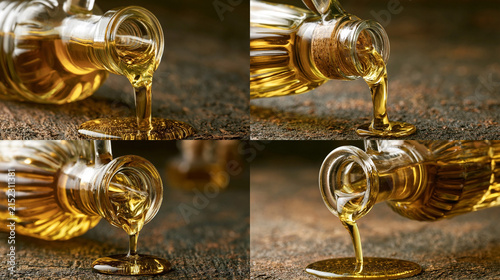 An illustration of olive oil, with olive oil pouring from a glass bottle. Rustic-style presentation.