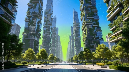 Futuristic Eco‑City with Vertical Gardens — Towering Glass Skyscrapers Covered in Greenery, Balcony Planters, Wide Tree‑Lined Avenue Leading to a Luminous Horizon, and a Starry Blue Sky with a Neon‑Gr