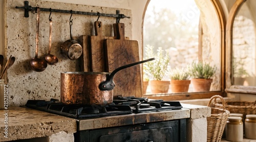 Vintage copper pot on rustic stove in an antique Mediterranean kitchen with sunlit window for warm food blog design.
