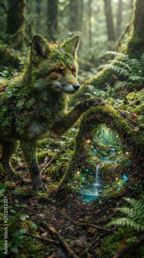 Obraz premium Fox covered in moss and plants standing by a magical forest portal