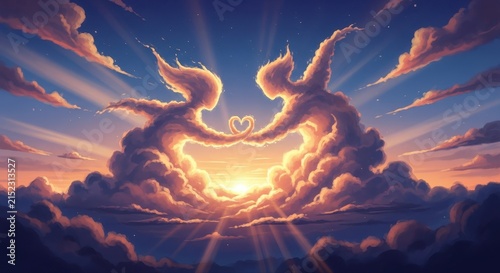 Ethereal cloud couple forming a heart shape against a radiant sunset sky, symbolizing divine love and connection.