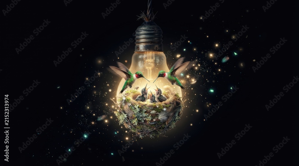 Obraz premium Hummingbird family nesting inside glowing light bulb