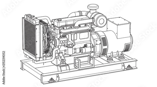 Industrial diesel power generator unit technical line drawing illustration