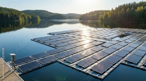 Expansive Array of Floating Solar Panels Shimmering on a Calm Lake Surrounded by Verdant Hills at Sunrise