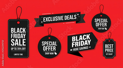 Black friday sale tags with modern typography set against a vibrant red background for retail advertising and marketing promotion campaigns