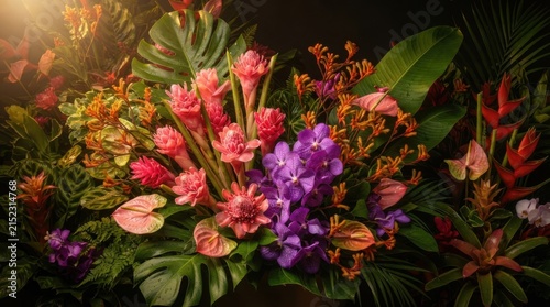 Moody Tropical Floral Arrangement With Pink Purple Orange and Green Foliage