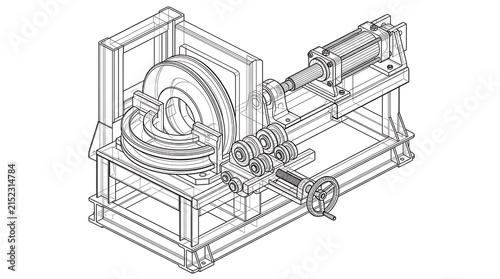 Technical wireframe diagram showing industrial metal bending machine assembly