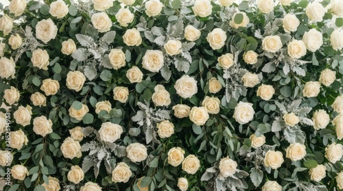Dense Ivory Rose Flower Bed With Soft Green Leaves