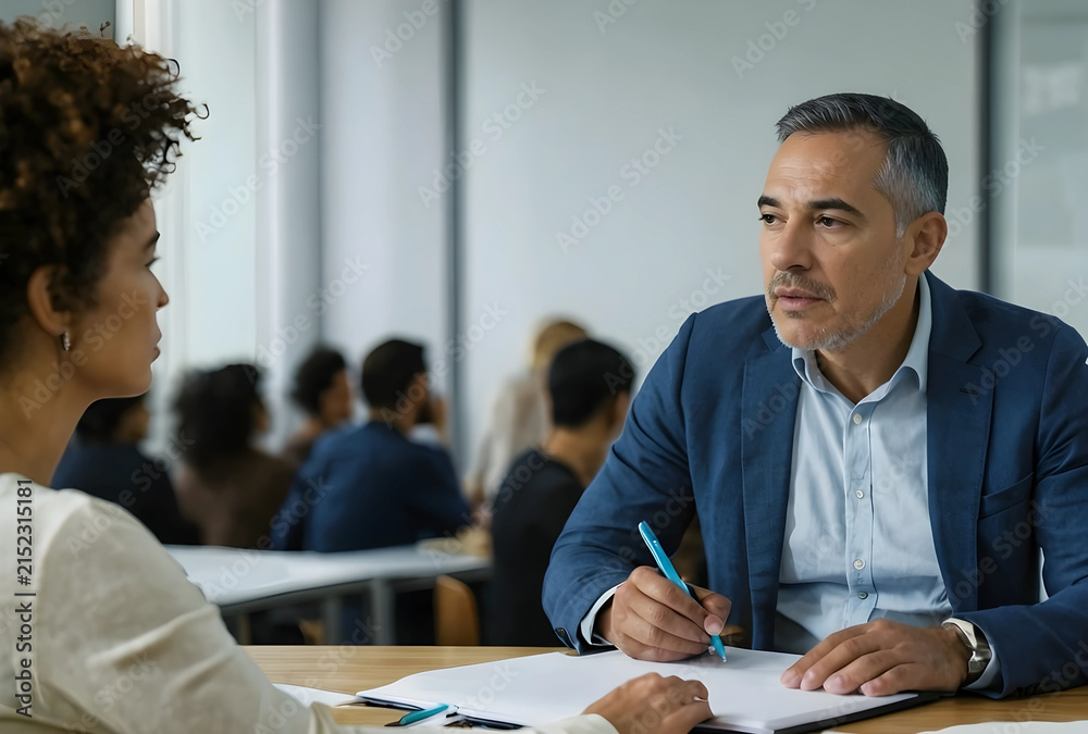 Fototapeta premium Mature businessman writing notes during a meeting or conference with diverse colleagues in a modern office setting, He is seated at a wooden table with a diverse group of colleagues in