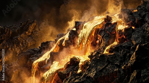 Fiery molten gold lava cascading over stark black volcanic rock formations in a dramatic eruption