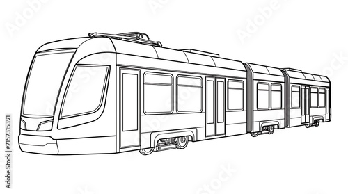Modern articulated tram vehicle outline drawing for urban transportation design