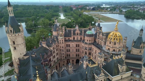 Aerial drone view of Schwerin Castle, Schloss Schwerin, in Schwerin Germany. Neo-Renaissance castle on an island.