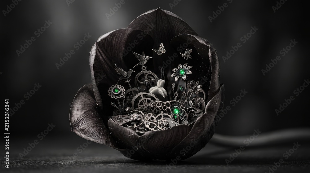 Obraz premium Steampunk inspired mechanical clockwork inside a black tulip flower