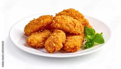 Realistic close-up tempura chicken nuggets, white plate, isolated background.