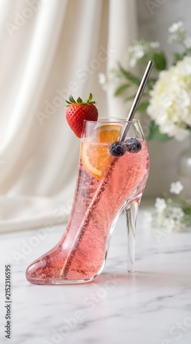 Pink cocktail in high heel glass with fruit garnish for party drink.