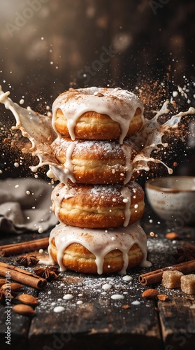 Stack of glazed donuts with cinnamon sugar splash for sweet treat.
