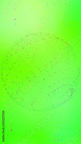 Vertical Abstract Animation of a Digital Particle Sphere and Falling Data Characters on a Green Background.