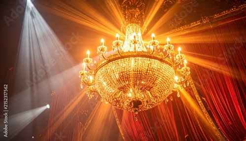 Luxury chandelier under dramatic spotlight beams in grand hall.