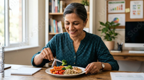 Smiling woman enjoying a healthy balanced meal at her desk with a computer