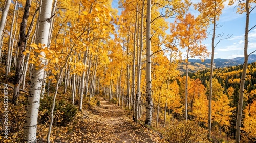 Golden Aspen Groves and Forest Path in Vibrant Autumn Fall Foliage