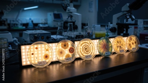 Illuminated Petri Dishes Displaying Distinct Bacterial Colonies and Growth Patterns in a Laboratory Setting