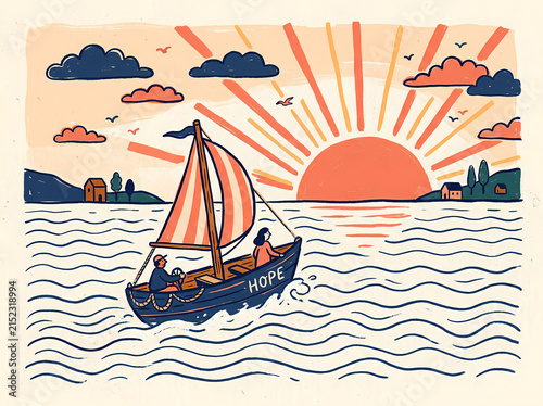 Vintage Hand Drawn Line Art Illustration of Sailboat Named Hope Sailing Toward Sunrise for Journey, New Beginnings, and Freedom Concepts