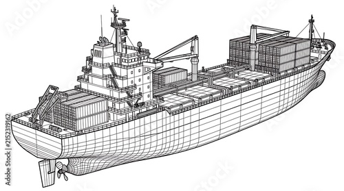 Wireframe technical blueprint illustration of large commercial cargo container ship vessel