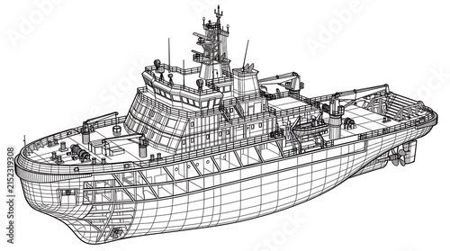 Technical wireframe model of modern industrial offshore support vessel design