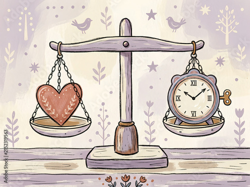 Hand-Drawn Illustration of Heart and Clock Balanced on Scale for Work-Life Balance