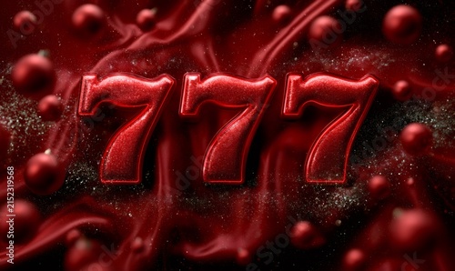 Red glittering 777 symbols creating a lucky jackpot on festive silk with falling baubles and sparkling glitter