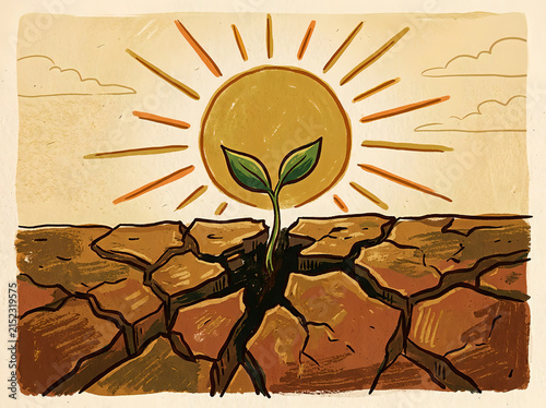 Vintage Hand Drawn Line Art Illustration of Small Green Plant Growing in Dry Cracked Earth Under Sun for Hope, Resilience, Climate Change, and Environmental Growth Concepts
