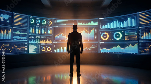 Data Visualization Command Center: A lone businessman stands silhouetted before a panoramic array of dynamic data displays, charts, and graphs.