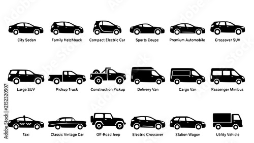 Fotografía City car and vehicle type icon set with sedan, hatchback, cargo van, pickup truc
