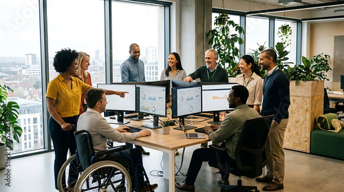 Collaborative Workspace: A team of diverse professionals, including an individual in a wheelchair, engage in a lively discussion around multiple computer monitors in a modern, sunlit office.