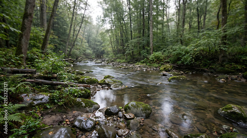 Serene Forest Stream: A crystal-clear stream meanders through a lush, verdant forest, with moss-covered rocks and fallen logs lining its banks, reflecting the dense canopy of trees above.