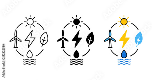 Renewable-Energy Icons With Wind Turbine, Solar Power, Hydroelectric Energy, Electricity, And Eco-Friendly Nature Symbols