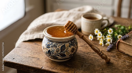 Rustic wooden table with a ceramic jar of honey, a wooden dipper, chamomile flowers, and a cup of tea