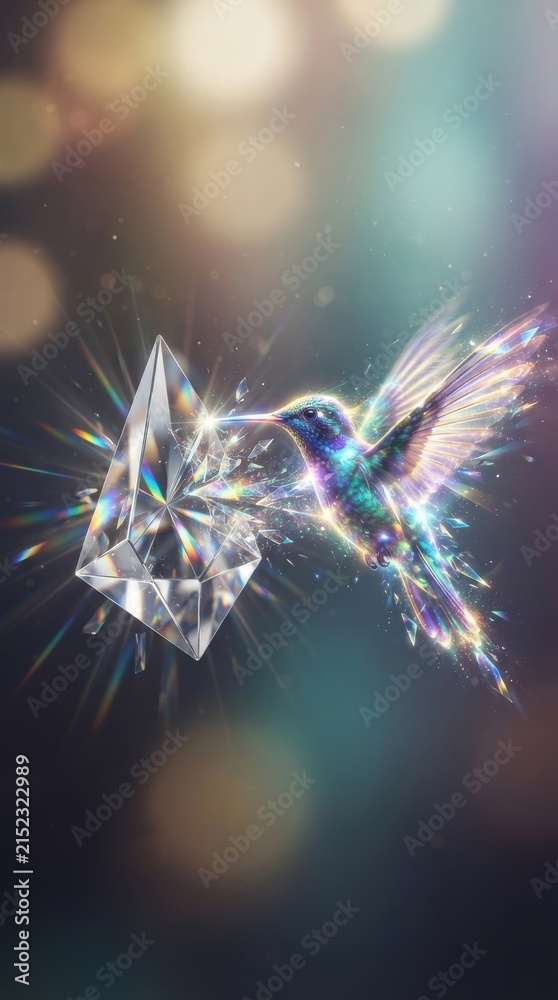 Obraz premium Hummingbird with iridescent wings interacting with a glowing crystal